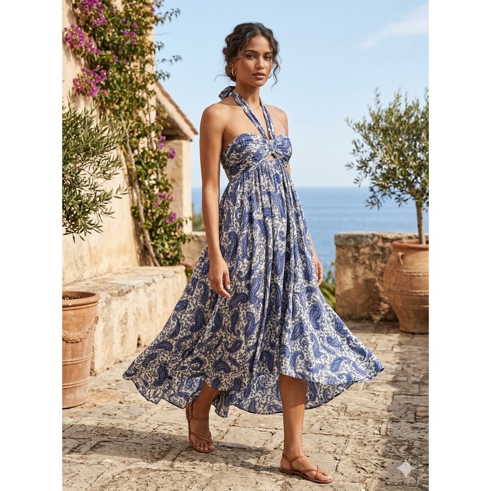 Zimmermann Blue and White Paisley High-Low Halter Dress